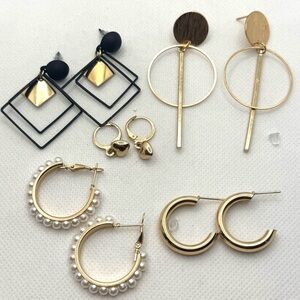 NWOT Gold & Black Earring Bundle – Geometric, Pearl & Hoop Variety Set